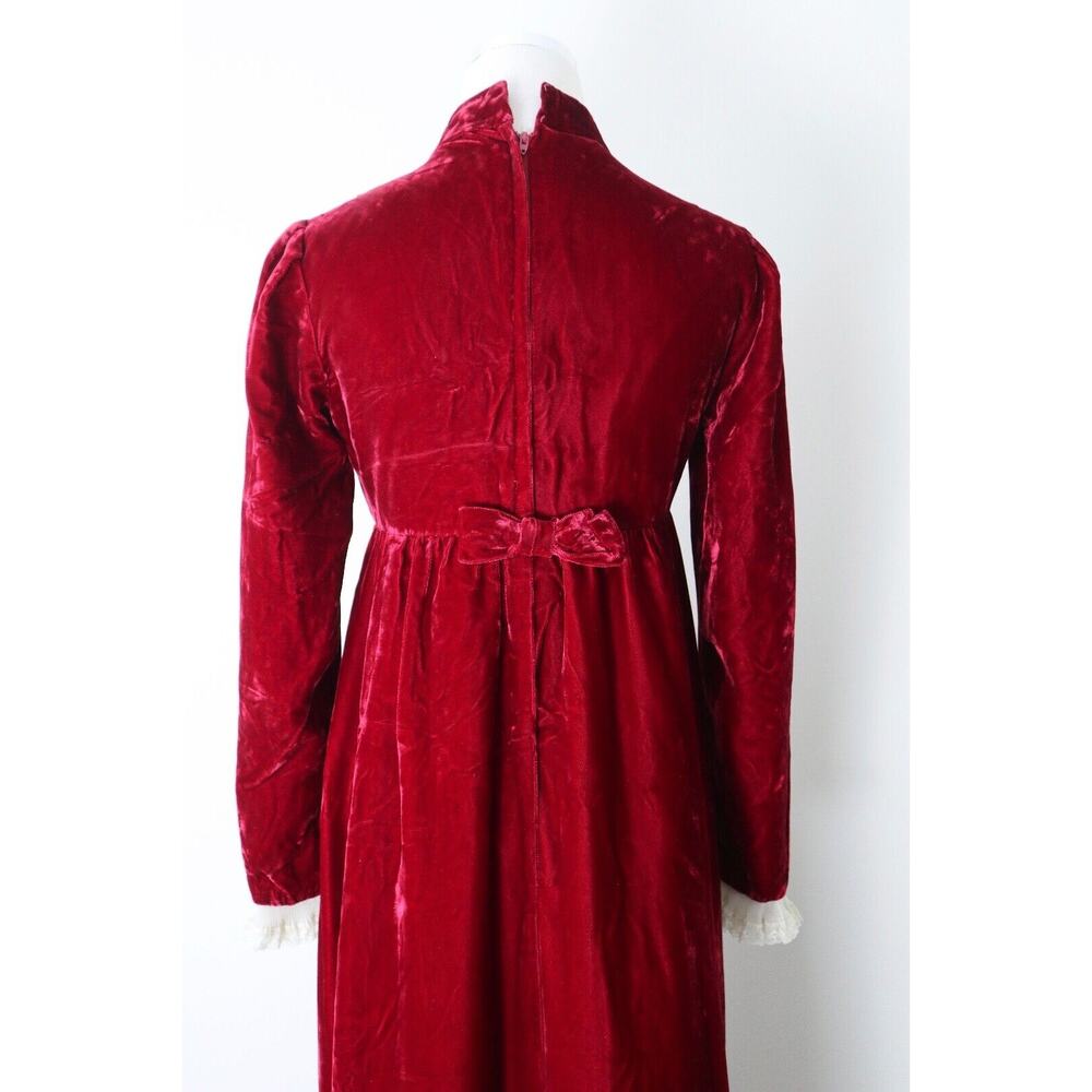 Vintage 1960s Emma Domb Victorian Revival Velvet Maxi Dress Red Lace Ruffle - Picture 7 of 12